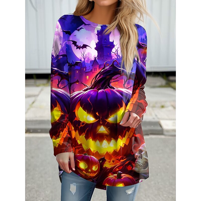 Halloween Women's T shirt Ghost Long Sleeve Graphic Geometric Vintage Stylish Classic Long Sleeve Crew Neck Regular Tops Daily Print Sage Green Purple Green Spring Fall Prefall4