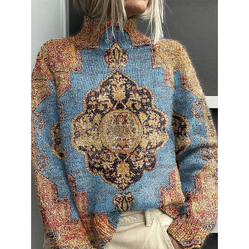 Women's Sweater Casual Soft Graphic Geometric Ribbed Turtleneck Knitted Print Long Sleeve Regular Tops Knit Outdoor Daily Weekend Wine Blue Fall Winter