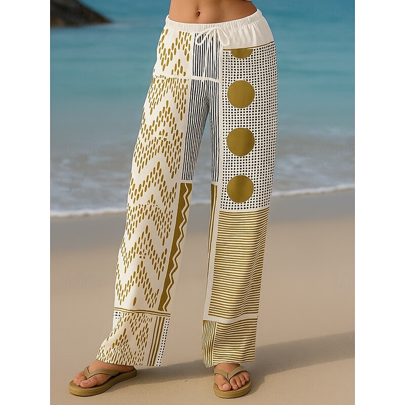 Women's Culottes Wide Leg Vacation Vintage Ethnic Style Full Length High Waist Geometric Abstract Patchwork Drawstring Printing Quick Dry Breathability Soft Inelastic Formal Outdoor Vacation Black4