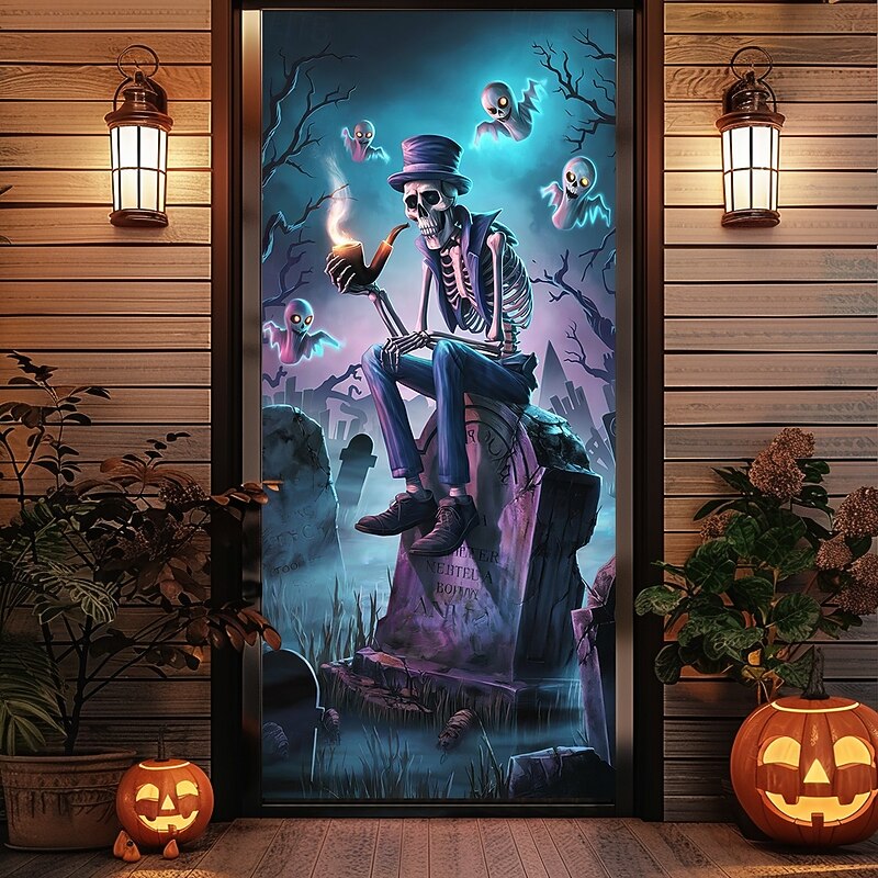 Halloween Door Cover Outdoor Banners Grim Reaper 3D Psychedelic Dark Punk Gothic Style Party Outdoor Shooting Backgrounds Front Door Wall Porch Home Decor4
