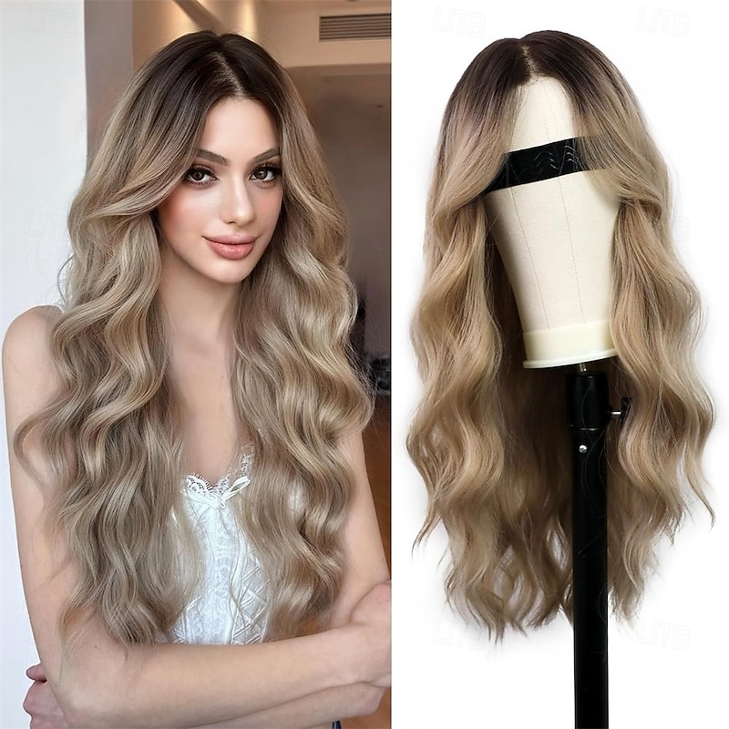 Synthetic Wig Curly Middle Part Machine Made Wig Long Dark Brown Natural Black #1B Brown Ombre Grey Ombre Blonde Synthetic Hair Women's Soft Fashion Easy to Carry Blonde Black Ombre