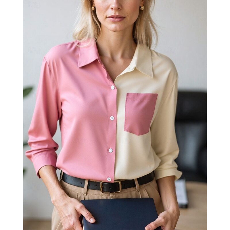 Women's Blouse Dressy Tops Chiffon Tops Graphic Color Block Elegant Daily Stylish Long Sleeve Shirt Collar Regular Tops Work Daily Patchwork Buttons Print Pink Brown Green Spring, Fall, Winter, Summer