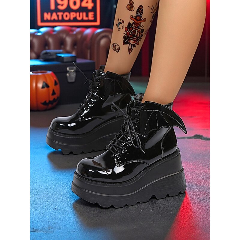 Women's Black Patent Leather Platform Ankle Boots - Bat Wing Lace-Up Gothic Punk Shoes, Chunky Heel Cosplay Boots for Halloween, Parties, and Alternative Fashion Outfits