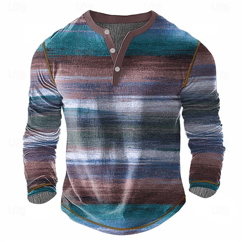 Men's Striped Henley Shirt Waffle T Shirt Long Sleeve Vintage Daily Retro Vintage Sports Outdoor Casual Holiday Spring & Summer All Seasons Blue Green Purple khaki Henley Henley T-Shirt3