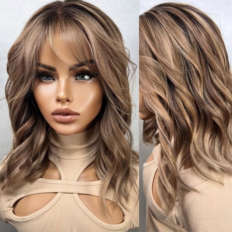 Brazilian Remy Human Hair 5x5 Closure Glueless Wigs 13x4 Lace Front Wig With Bangs Highlighted Wavy Ash Blonde Brown Human Hair Wigs 150% 180% Density with Baby Hair