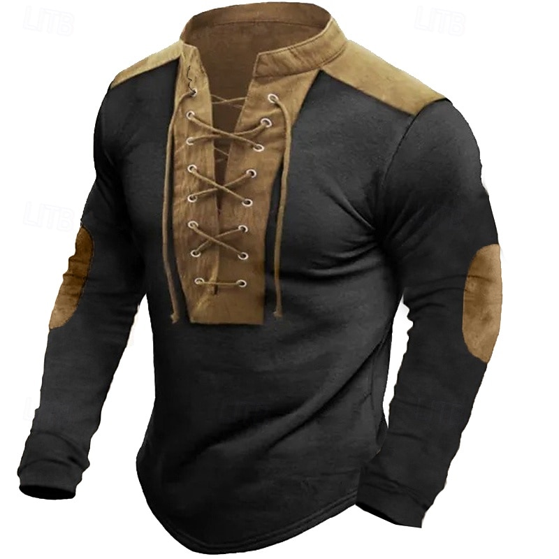 Men's Cotton Linen T Shirt Long Sleeve Standing Collar Henley Summer Spring Fall Plain Basic Rustic Modern Patchwork Drawstring Buttons Home Street Casual Black Gray Green Top Tee for Men