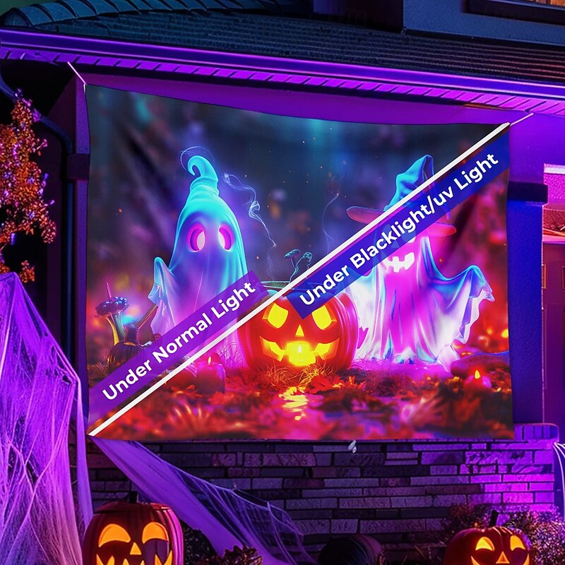 Halloween Blacklight Tapestry UV Reactive Glow in the Dark Forest Trippy Mountain Misty Graveyard Ghost Hanging Tapestry Wall Art Mural for Living Room Bedroom4