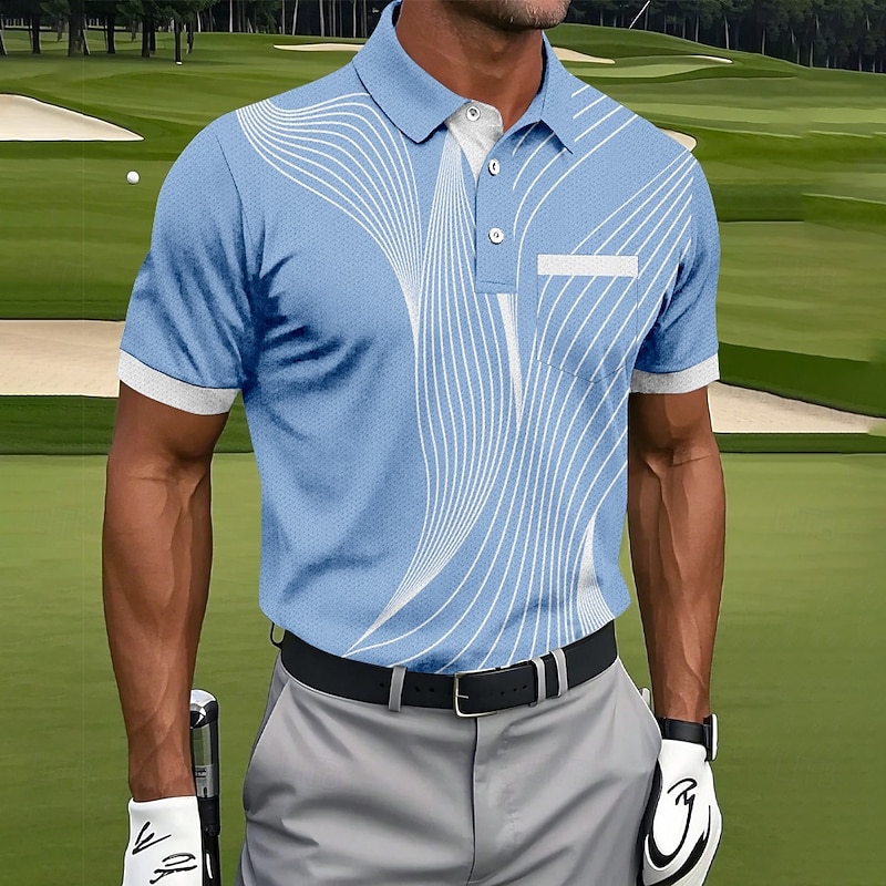 Men's Geometic Line Polo Sports Polo Shirts Short Sleeve Polo Shirts Collared Shirts Sportswear Casual Outdoor Athleisure Daily Wear Pocket 3D Print Buttons Summer Blue Brown Green