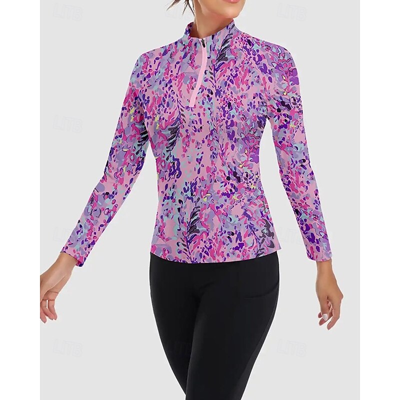 Women's Floral Botanical Golf Polo Shirt Tennis Shirt Long Sleeve Print Quarter Zip Pullover UV Protection Elastic Breathable Tennis Golf Pickleball Zip Collar Shirt Polo Purple Tennis Clothing3