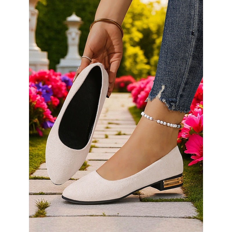 Women's White Textured Ballet Flats – Round Toe Slip-On Casual Shoes with Gold Heel Accent for Ladies, Perfect for Daily Commute, Garden Strolls, or Weekend Outings4
