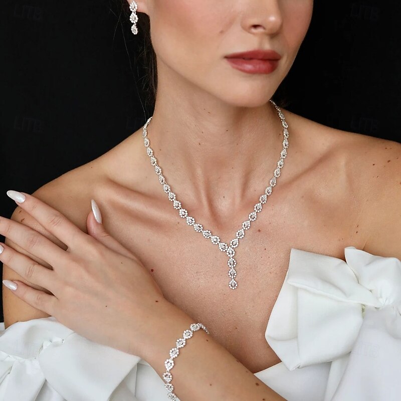 Bridal Jewelry Sets Three-piece Suit Imitation Diamond 1 Necklace 1 Bracelet Earrings Women's Vintage Fashion Personalized Lovely Classic Love Precious Jewelry Set For Wedding Work Gift3