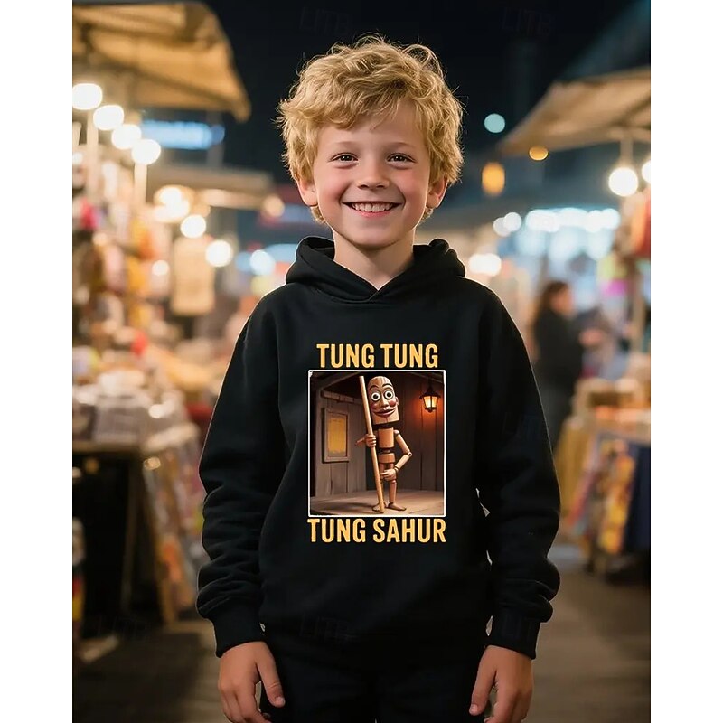 Boys' Casual Long Sleeve Hoodie with TUNG TUNG TUNG SAHUR Print 3D Spring Fall Fashion Streetwear Kids 4-12 Years Hooded Outdoor Casual Daily Regular Fit