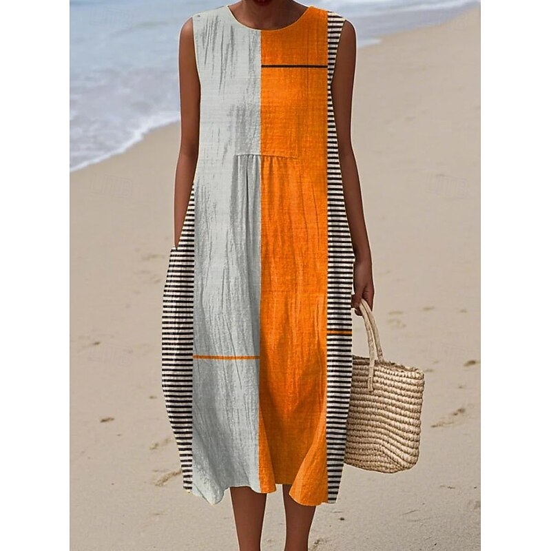 Women's Midi Dress Sundress Vacation Casual Boho Party Beach Loose Fit Geometric Sleeveless Crewneck Pink Red Blue Orange Summer Spring4