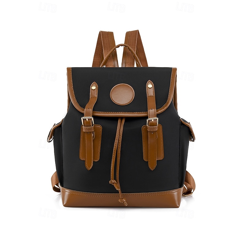 Women's Vintage Faux Leather Trim Backpack - Waterproof Canvas Preppy School Bag with Drawstring Closure for Teenage Girls, Students and Daily Use4