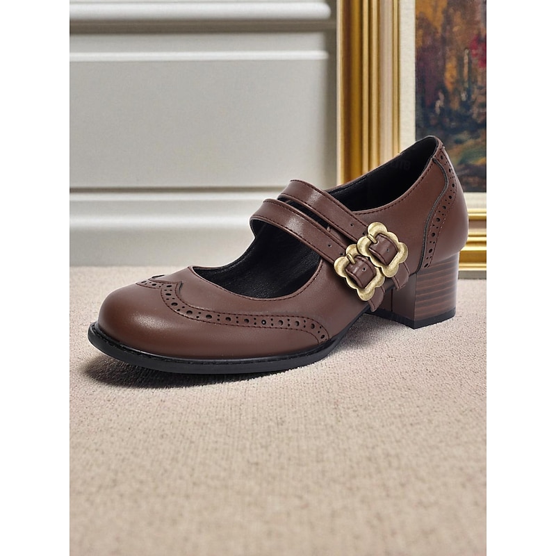 Women's Brown Faux Leather Mary Jane Pumps –1950s  Vintage Double Strap Buckle Low Heel Shoes for Daily Wear or Office Outfits