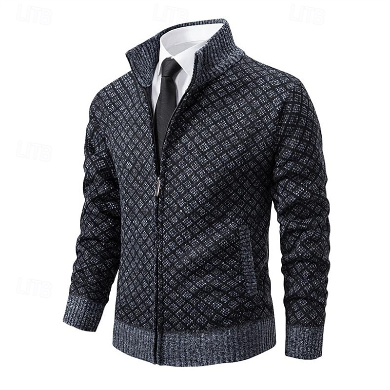 Men's Sweater Dress Sweater Cardigan Sweater Zip Sweater Knit Sweater Ribbed Knit Regular Tops Knitted Ribbed Plain Stand Collar Fashion Shawls Business Casual Clothing Apparel Fall Winter Black