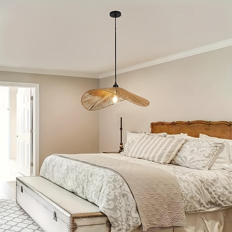 Coastal Vintage Straw Hat-Style Pendant Light, Hand-Woven Braided Rope, Warm White/White Light, E26/E27, Adjustable Chain