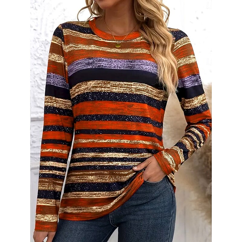 Halloween Women's T shirt Crew Neck Long Sleeve Tunic Graphic Geometric Striped Vintage Stylish  Round Neck Regular Tops Daily Print Wine Orange Fall