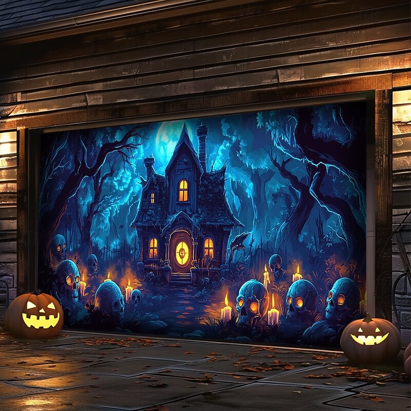 Halloween Outdoor Garage Door Terror haunted house Cover Skeletons Banner Large Tapestry Backdrop Decoration for Holiday Outdoor Garage Door Home Wall Decorations3