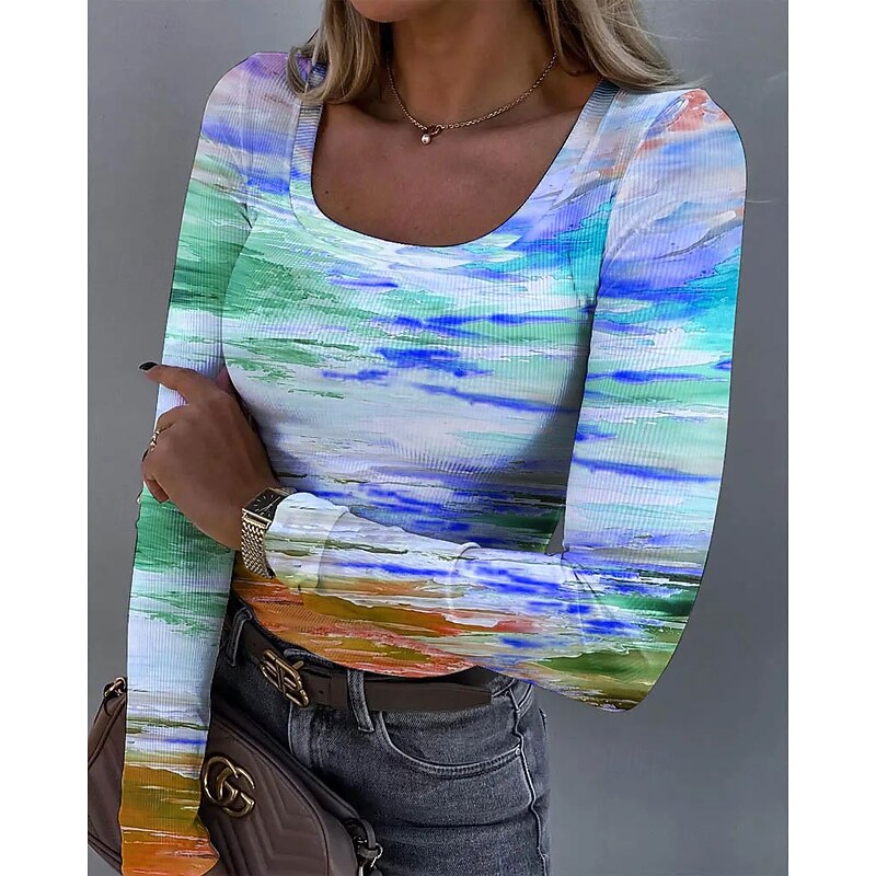 Women's T shirt Long Sleeve Ribbed Graphic Square Neck Long Sleeve Casual Tunic Ombre Vintage Stylish Regular Tops Daily Print Yellow Blue Purple Green Spring Fall Prefall4