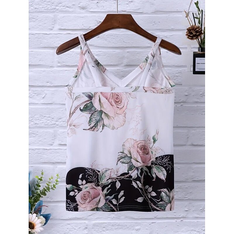 Women's Shirt Blouse Floral Graphic Vintage Tropical Stylish Sleeveless Strap V Neck Regular Tops Daily Print Black And White Blue Sky Blue Summer Spring4