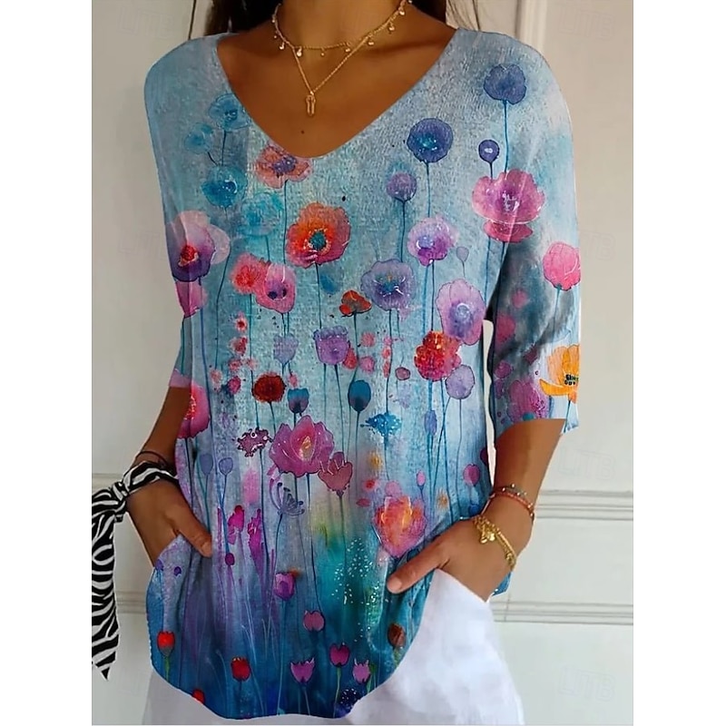 Women's Blouse Floral Graphic Vintage Tropical Stylish 3/4 Length Sleeve V Neck Regular Tops Daily Blue Light Purple Purple Summer Spring Fall4