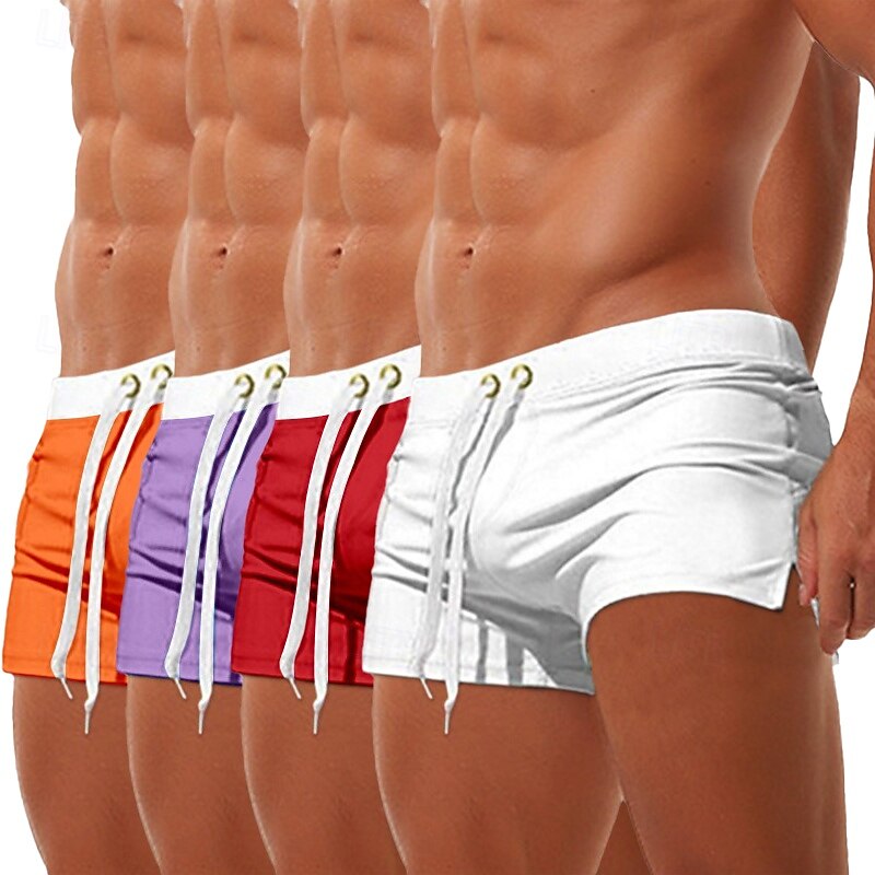 4pcs Men's Swim Trunks Swim Shorts Board Shorts Beach Shorts Elastic Waist Drawstring Zipper Pocket Solid Color Quick Dry Breathable Knee Length Casual Daily Beach Vacation Fashion Bue Black Orange4