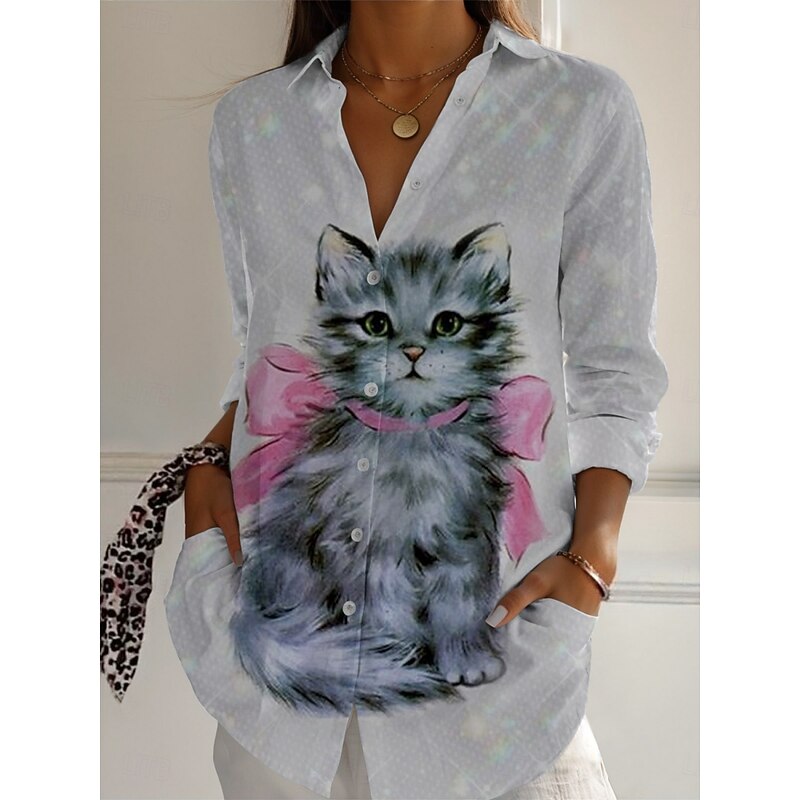 Women's Shirt Cat Active Daily Stylish Long Sleeve Shirt Collar Regular Tops Daily Holiday Buttons Print Black Gray Spring Fall3