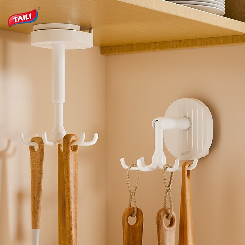 TAILI 360 Rotating Self-Adhesive Utensil Hook, Multi-Purpose Hanging Utensil Holder Vertical Flip Hooks, Rotating Folding Self Adhesive Hook for Home2