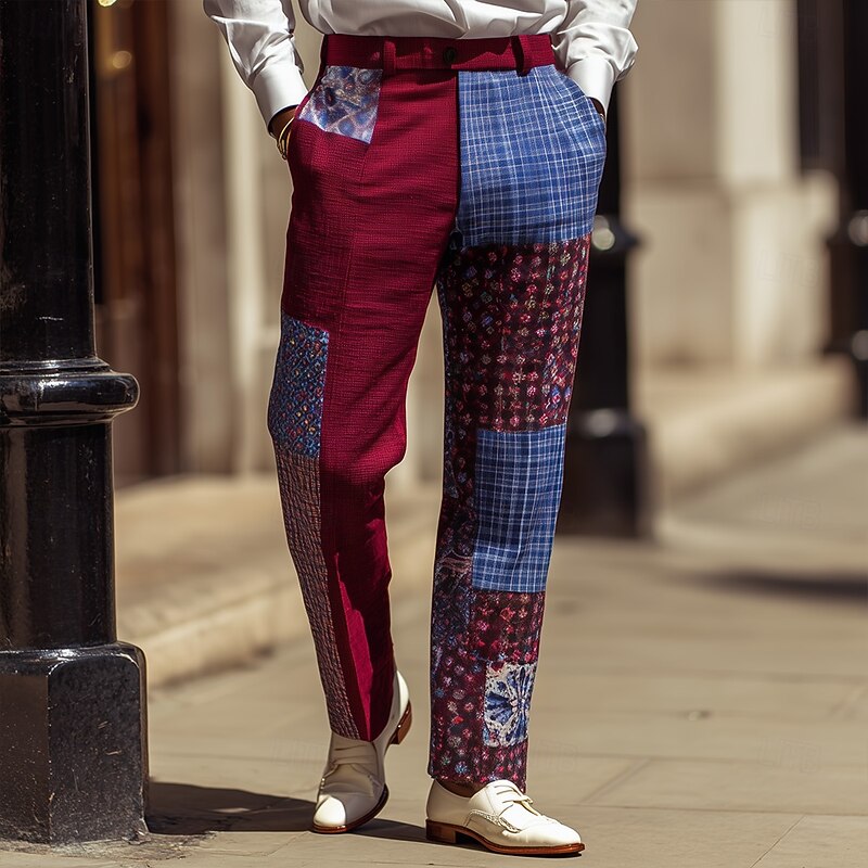 Men's Color Block Patchwork Dress Pants Trousers Suit Pants Mid Waist Ethnic Vintage Retro Outdoor Vacation Regular Fit Flat-Front Straight Leg Pants with Pockets Summer Spring Fall 3D Print Wine Red