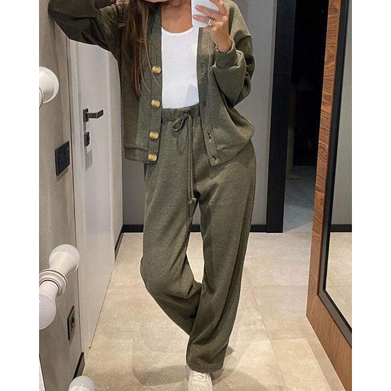 Women's Active Streetwear Blouse Pants Sets Long Sleeve V Neck Solid Color Vacation Daily Wear Black Army Green Dusty Blue Fall Regular Fit2