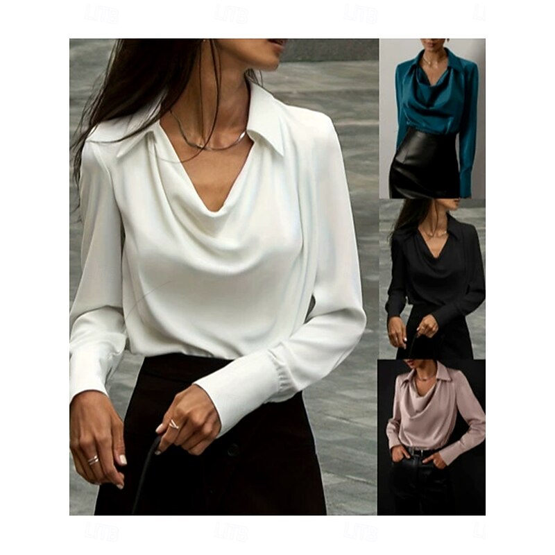 Women's Shirt Solid Color Plain Elegant Vintage Tropical Long Sleeve Cowl Neck Shirt Collar Regular Tops Work Daily Semi Formal Ruched Black White Dusty Rose Blue Summer Spring