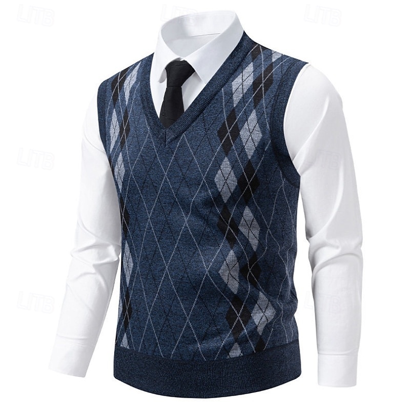 Men's Sweater Sweater Vest Pullover Sweater Jumper Ribbed Knit Regular Tops Knitted Slim Fit Argyle V Neck Knitwear Contemporary Formal Casual Clothing Apparel Fall Blue Light Grey L XL 2XL4