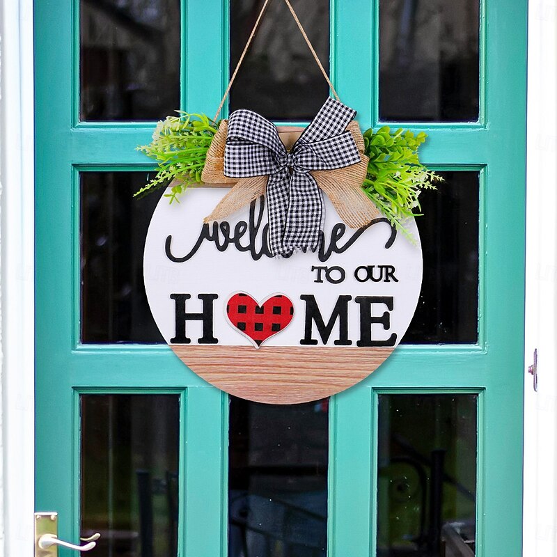 Interchangeable Welcome Sign for Front Door Round Wooden Magnetic Hanging Plaque with DIY Replaceable Icons, Creative Rustic Front Porch Door Hanger2