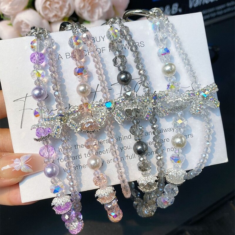 New Fashion Crystal Love Bow Phone Chain Double Chain Beaded Phone Case Hanging Chain for Women2