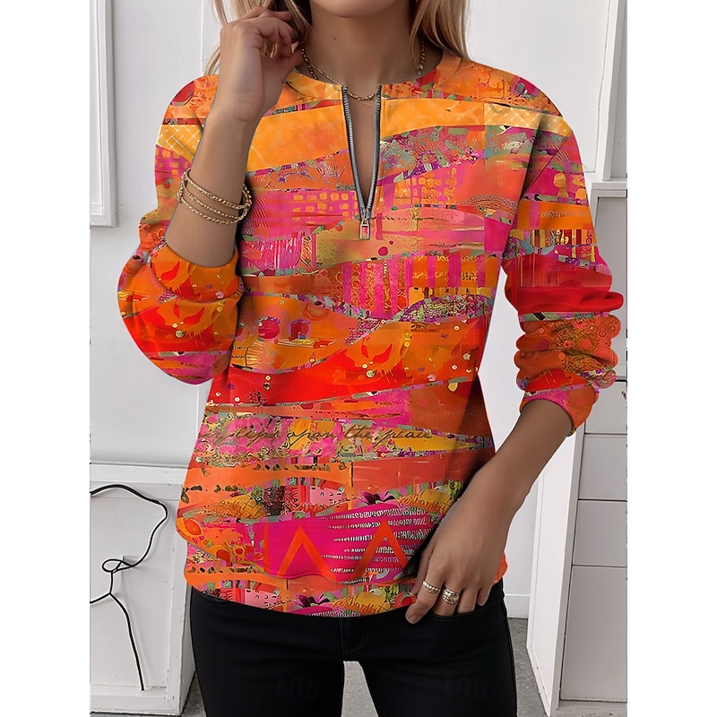 Women's Pullover Sweatshirt Zip Up Sweatshirts Graphic Plaid Fashion Casual Long Sleeve Crew Neck Regular Tops Street Dailywear Zipper Print Red Blue Orange Brown Khaki Fall Winter4