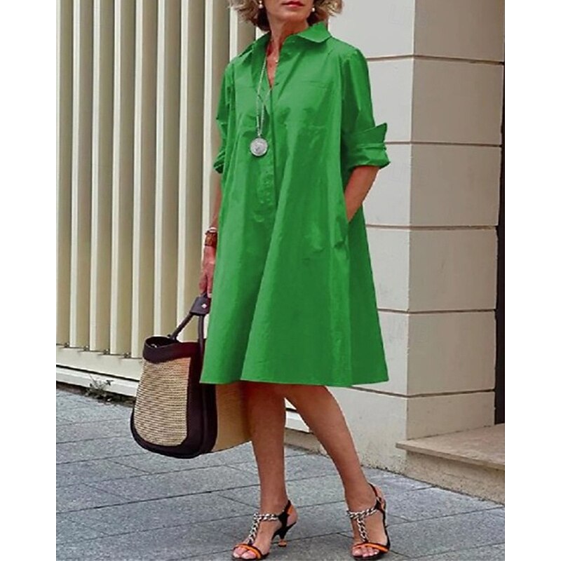 Women's Midi Dress Shirt Dress Casual Dress Fashion Modern Daily Beach Weekend Regular Fit Plain Long Sleeve Shirt Collar Blue Green Rose Red Spring Fall2