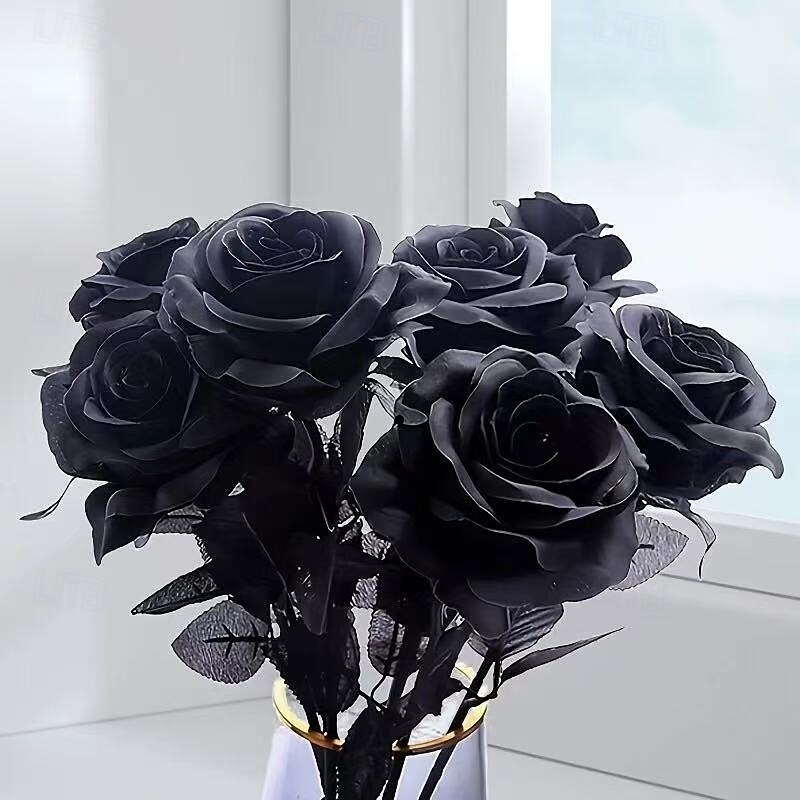 10 Bundles Halloween Black Artificial Roses, Elegant Fake Rose Flowers for Spooky DIY Decorations, Gothic Wedding, Eternal Floral Home Decor3