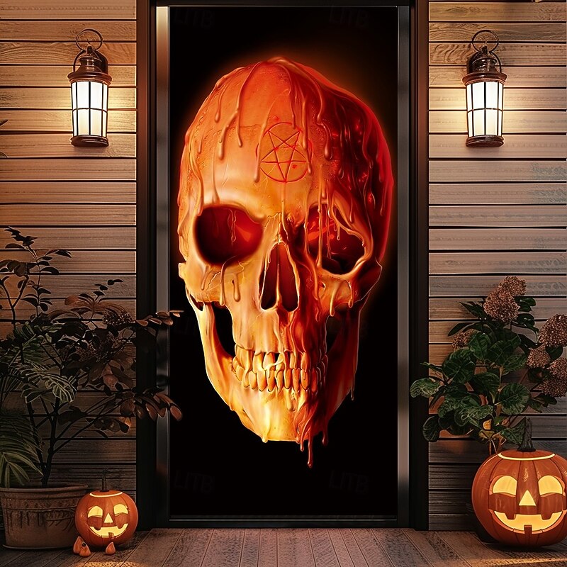Wax Skull by Vincent Hie Halloween Door Covers Door Tapestry Door Curtain Decoration Backdrop Door Banner for Front Door Farmhouse Holiday Party Indoor Outdoor Decor Supplies