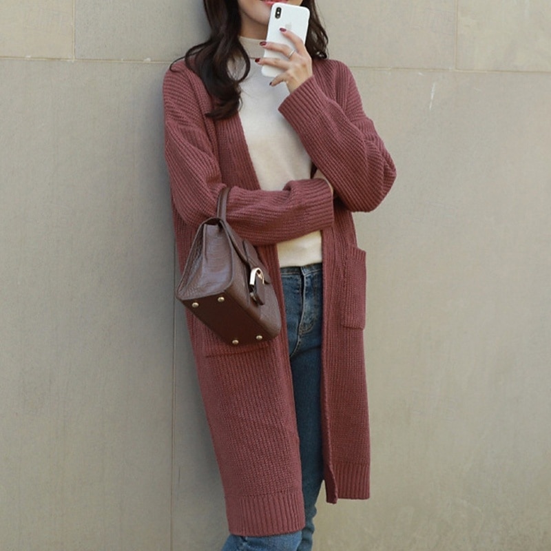 Women's Sweater Cardigan Fashion Streetwear Daily Solid Color Ribbed Open Front Knitted Long Sleeve Long Tops Knit Holiday Going out Weekend Red Beige Fall Winter