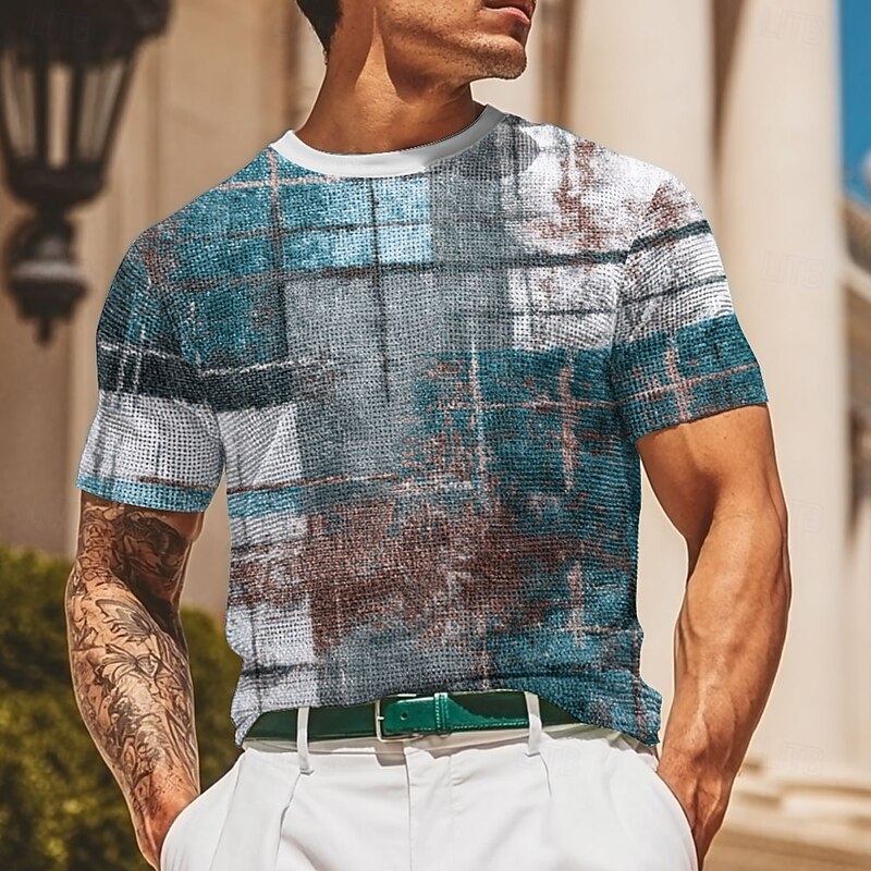 Men's Geometric Line Waffle Shirt Short Sleeve T shirt 3D Print Crew Neck Shirt Fashion Casual Comfortable Street Casual Daily Red Blue Purple Summer Spring All Seasons Clothing Apparel S M L XL XXL3