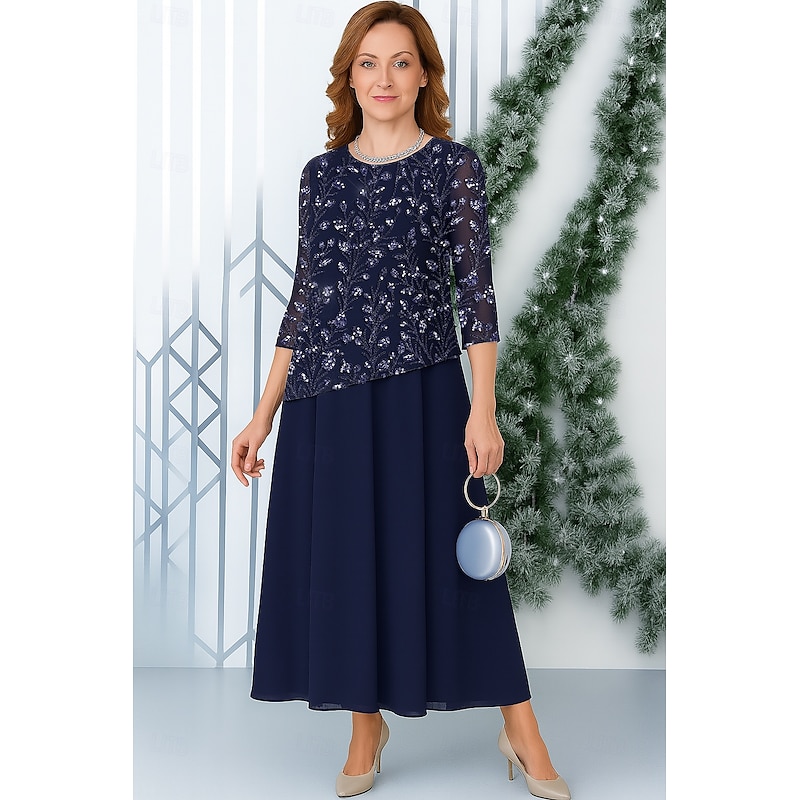 Bead Lace A-Line Mother of the Bride Dress Elegant Poncho Style Simple Minimalist Boat Neck Floor Length Chiffon Beaded Lace 3/4 Length Sleeve