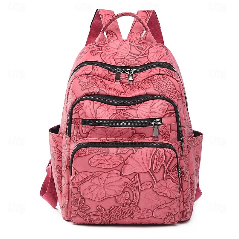 Faux Leather Backpack with Embossed Koi & Lotus Design – Boho Aesthetic School Bag for Teens & Art Lovers3
