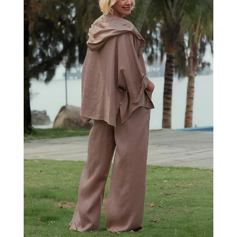 Women's Fashion Streetwear Blouse Pants Sets Bolero Top Long Sleeve Hooded Solid Color Vacation Casual Daily White Pink Brown Spring Regular Fit4