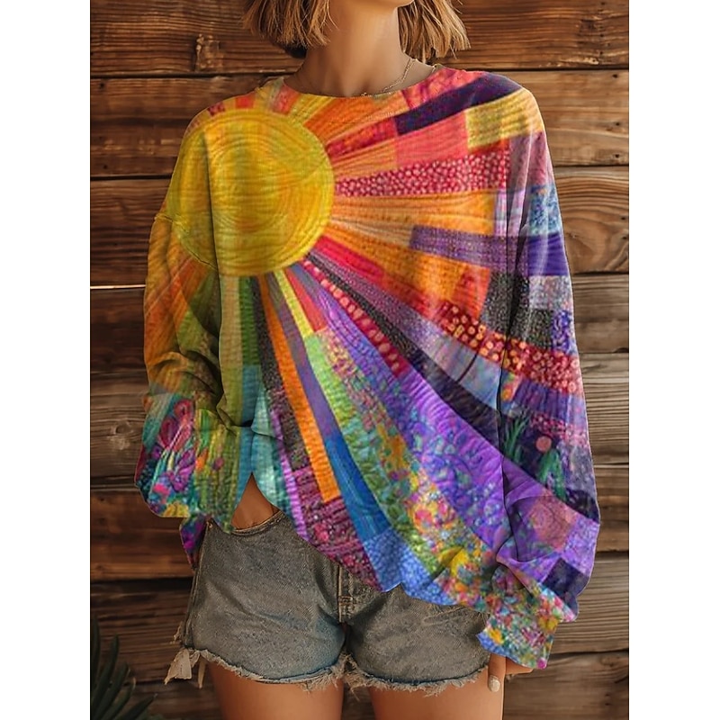 Women's Pullover Sweatshirt Floral Graphic Geometric Warm Active Vintage Long Sleeve Crew Neck Round Neck Regular Tops Street Dailywear Casual Print Yellow Blue Purple Spring Fall Winter2