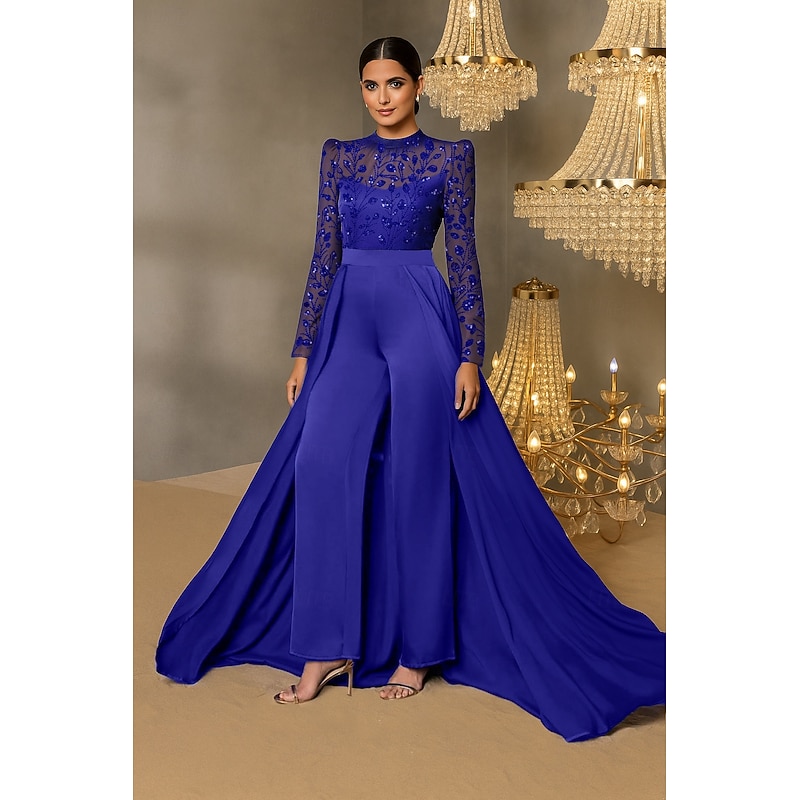 Jumpsuit / Pantsuit Beaeded Lace Applique Mother of the Bride Jumpsuit Elegant Wedding Guest Minimalist Casual Mock Neck Floor Length Lace Stretch Satin Long Sleeve4