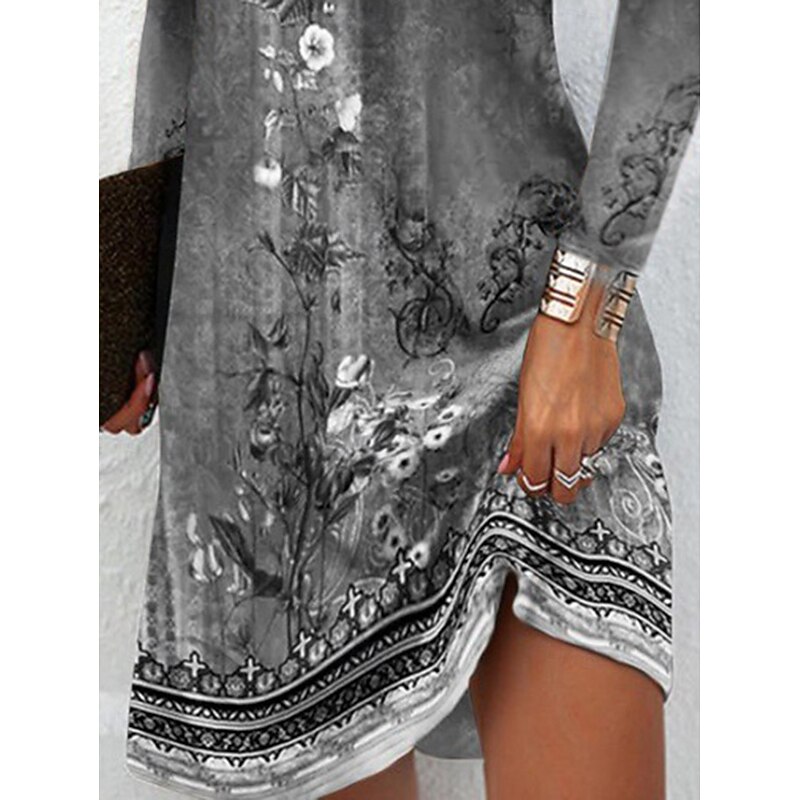 Women's Mini Dress Floral Dress Print Dress Fashion Modern Vacation Daily Going out Regular Fit Floral Long Sleeve V Neck Gray Summer Spring2