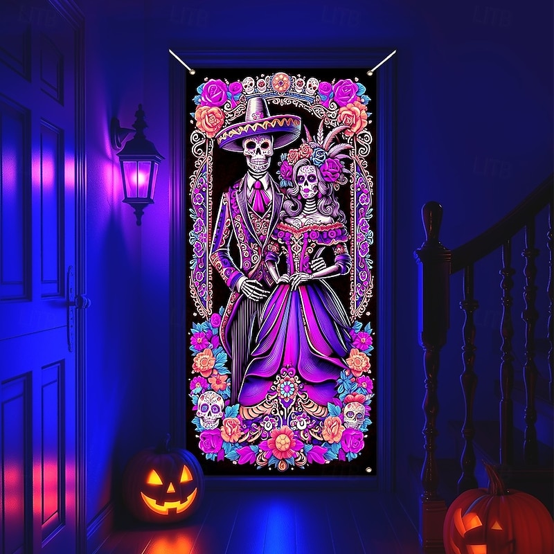 Halloween Door Cover Neon La Catrina Skeleton Bride Banner, Glowing Blacklight Entrance Decoration for Outdoor & Indoor 2025 Halloween Bedroom, Living Room, Bathroom3