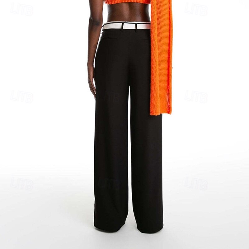 Women's Work Pants Pants Trousers Straight Fashion Streetwear Full Length High Waist Plain Breathability Comfortable Street Daily Wear Going out Lake blue Black Spring Fall Regular Fit2