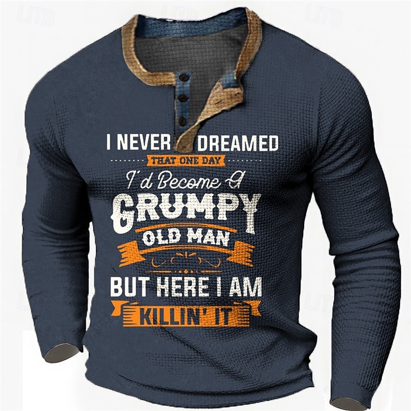 Men's Long Sleeve Grumpy Old Man Henley Shirt - Funny 'Killing It' Lifestyle Graphic Tee
